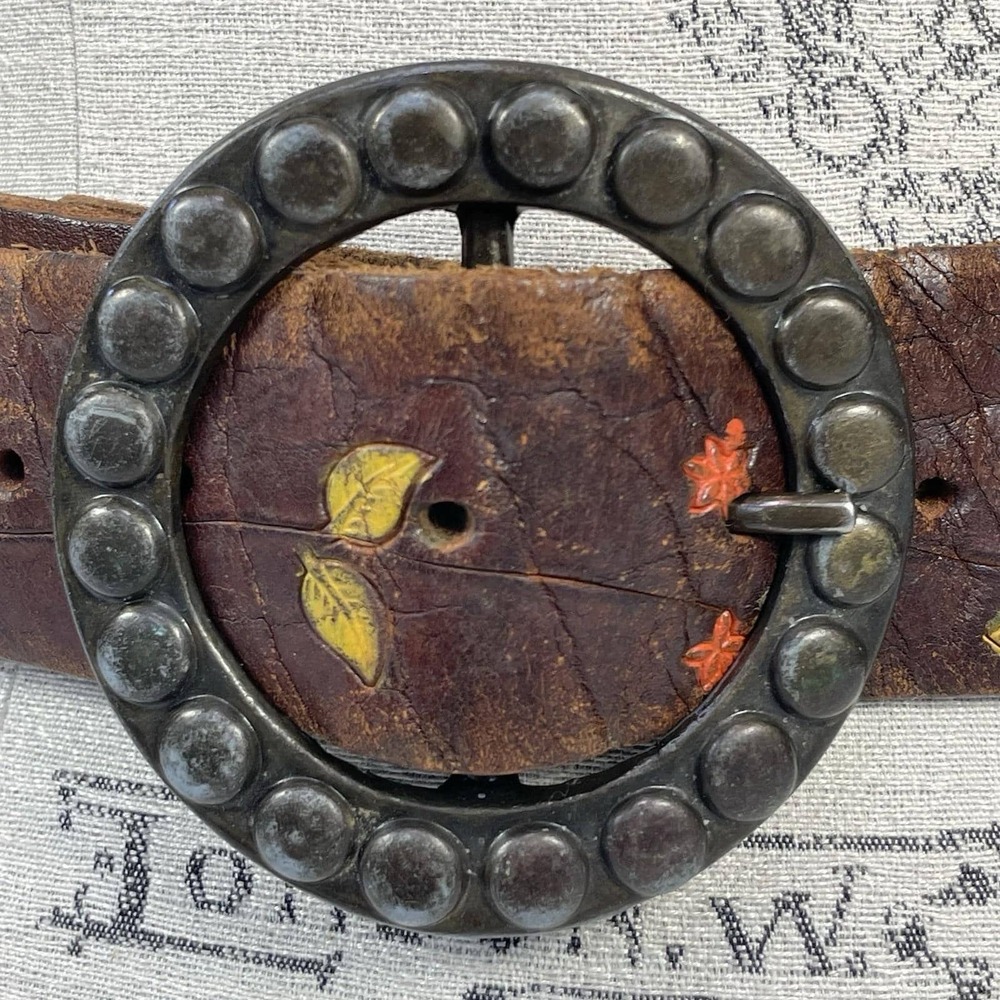 Vintage Brown Leather Belt 32 Western Boho Painted Floral Round Studded Buckle - Picture 5 of 9